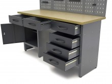 HBM arbejdsbænk 160 cm med 6 skuffer, 3 overskabe, bagvæg, stål/træ, sort/grå.