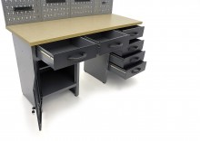 HBM arbejdsbænk 160 cm med 6 skuffer, 3 overskabe, bagvæg, stål/træ, sort/grå.