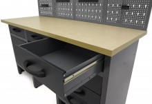 HBM arbejdsbænk 160 cm med 6 skuffer, 3 overskabe, bagvæg, stål/træ, sort/grå.