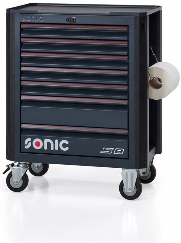 Sonic Next S8 gevulde gereedschapswagen 197-delig, 7 laden, slot, RVS werkblad, 4 wielen, 400 kg
