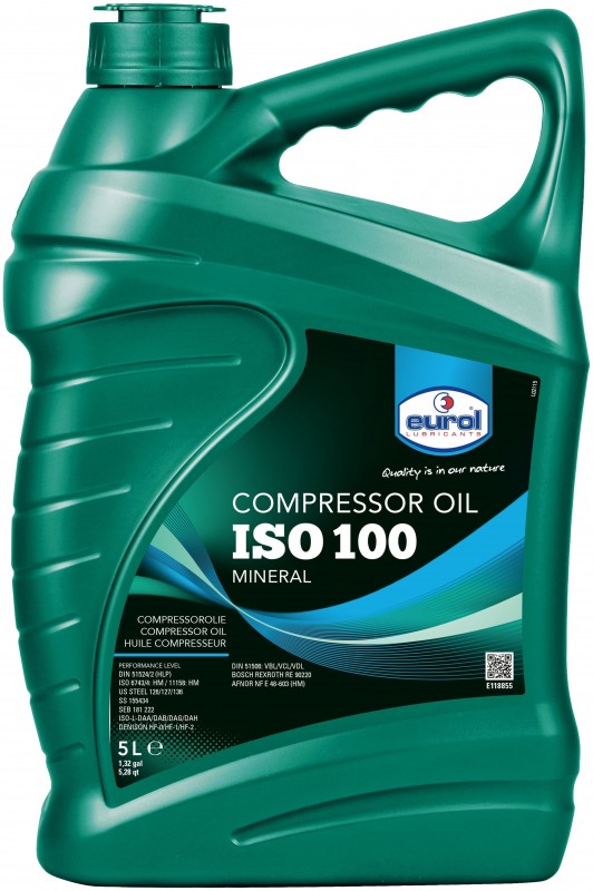 Eurol Compressor Oil ISO 100 5 liter - Vloeipunt -39°C, Vlampunt 248°C, Viscositeit 46,8 cSt
