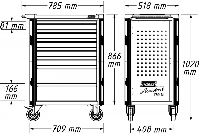 Hazet gereedschapswagen 8 laden, 252-delig, plaatstaal, 125 mm wielen, 102 cm breed

