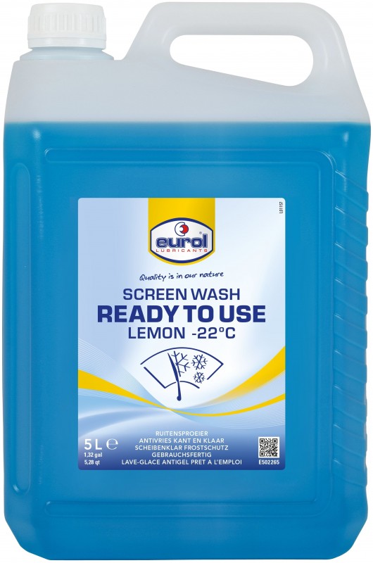Eurol Screenwash Lemon -22° 5 liter - Blå rudesprinklervæske, flammepunkt 36°C, densitet 0,977 kg/l.