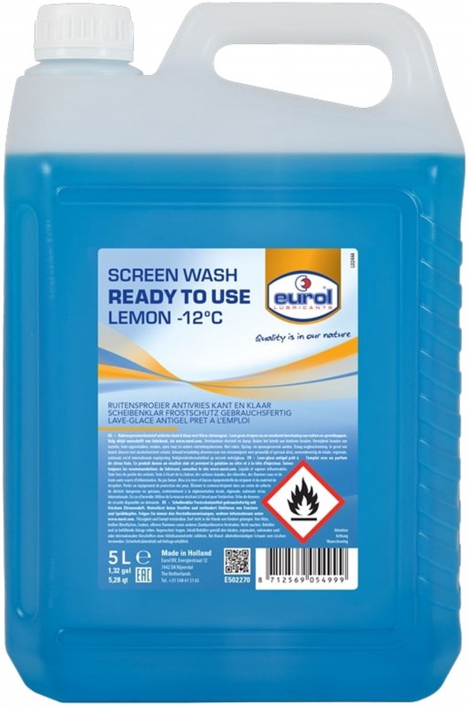 Eurol Screenwash Lemon -22° 5 liter - Blå rudesprinklervæske, flammepunkt 36°C, densitet 0,977 kg/l.
