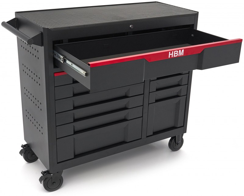 HBM gereedschapswagen 12 laden 106 cm zwart met slot en werkblad 350 kg
HBM gereedschapswagen 12 laden 106 cm zwart met slot en werkblad 350 kg