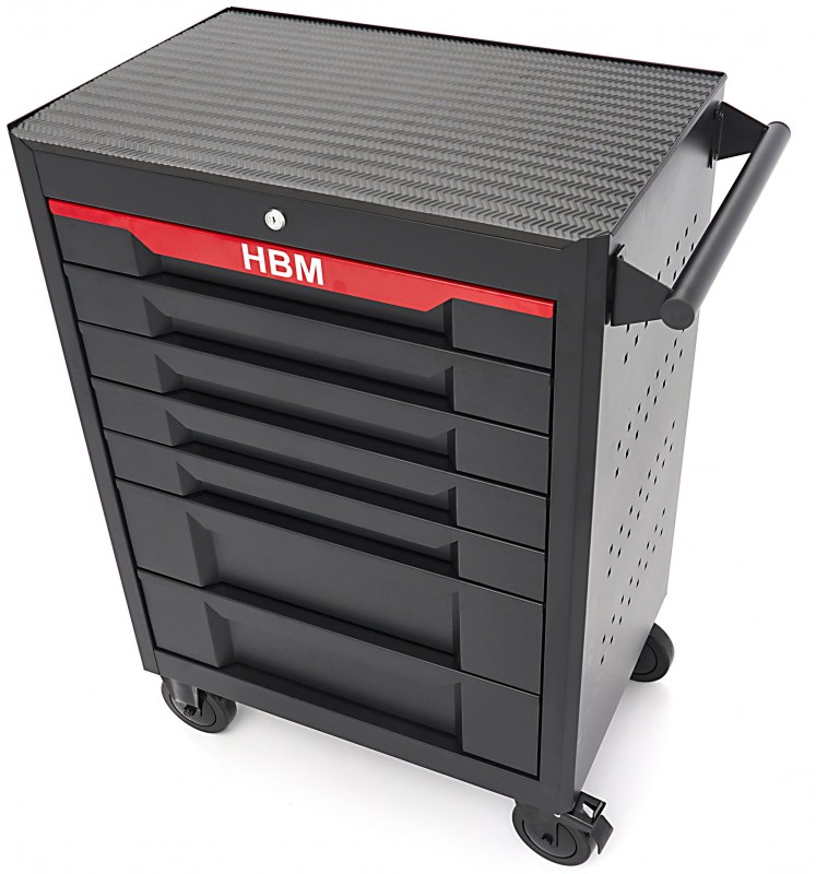 HBM gereedschapswagen 7 laden 68 cm zwart met werkblad, slot en 4 wielen, draagvermogen 300 kg