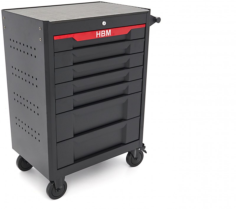 HBM gereedschapswagen 7 laden 68 cm zwart met werkblad, slot en 4 wielen, draagvermogen 300 kg