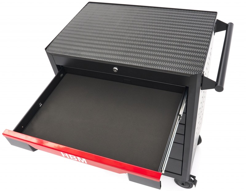 HBM gereedschapswagen 7 laden 68 cm zwart met werkblad, slot en 4 wielen, draagvermogen 300 kg