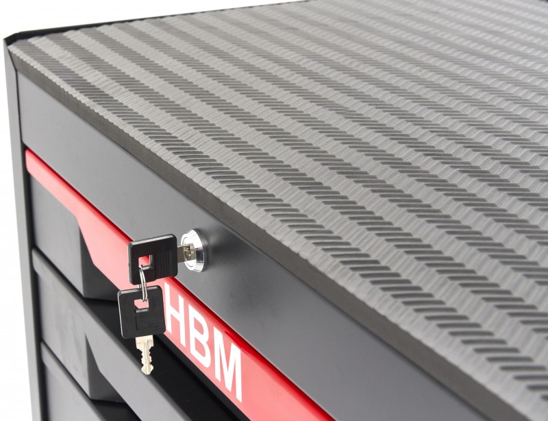 HBM gereedschapswagen 7 laden 68 cm zwart met werkblad, slot en 4 wielen, draagvermogen 300 kg