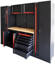 HBM Expert modulair werkplaatssysteem 10-delig zwart rood, staal, hout, 262,2 x 60 x 206,5 cm