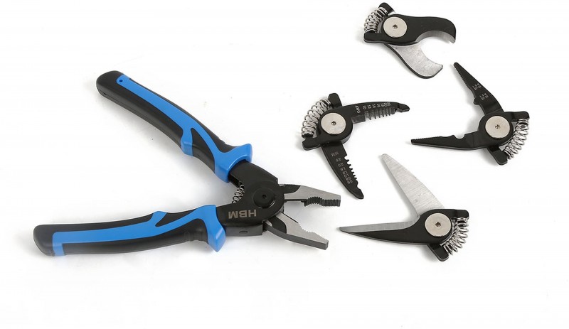 HBM 5-in-1 tang met verwisselbare kop – krimptang, zijsnijtang, striptang, draadkniptang, koolstofstaal