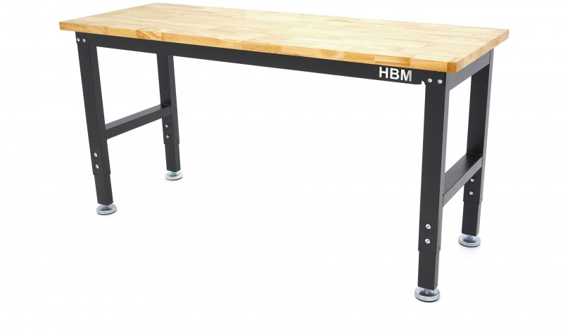 HBM arbejdsbænk 152,4 cm, højdejusterbar, massivt træarbejdsbord, stål, sort, 900 kg bæreevne.