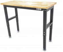 HBM arbejdsbænk 122 cm, højdejusterbar, massiv træbordplade, stål, sort, max. belastning 815 kg.