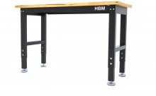 HBM arbejdsbænk 122 cm, højdejusterbar, massiv træbordplade, stål, sort, max. belastning 815 kg.