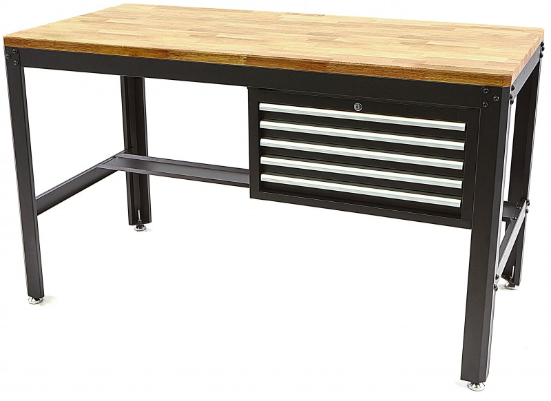 HBM werkbank 155 cm met 5 laden, houten werkblad 3 cm, staal, zwart, max. belasting 400 kg