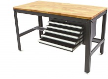 HBM werkbank 155 cm met 5 laden, houten werkblad 3 cm, staal, zwart, max. belasting 400 kg