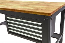 HBM werkbank 155 cm met 5 laden, houten werkblad 3 cm, staal, zwart, max. belasting 400 kg
