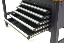 HBM werkbank 155 cm met 5 laden, houten werkblad 3 cm, staal, zwart, max. belasting 400 kg