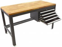HBM werkbank 155 cm met 5 laden, houten werkblad 3 cm, staal, zwart, max. belasting 400 kg