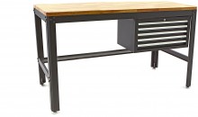 HBM werkbank 155 cm met 5 laden, houten werkblad 3 cm, staal, zwart, max. belasting 400 kg