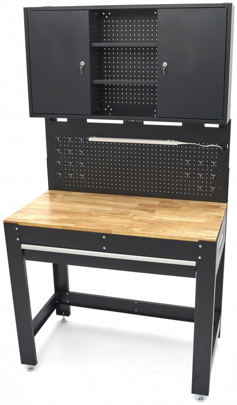 HBM werkbank 115 cm met lade, 2 hangkasten en achterwand, staal/hout, 250 kg, zwart