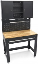 HBM werkbank 115 cm met lade, 2 hangkasten en achterwand, staal/hout, 250 kg, zwart