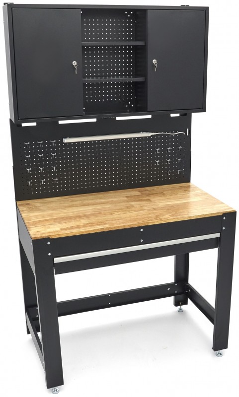 HBM werkbank 115 cm met lade, 2 hangkasten en achterwand, staal/hout, 250 kg, zwart