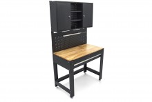 HBM werkbank 115 cm met lade, 2 hangkasten en achterwand, staal/hout, 250 kg, zwart