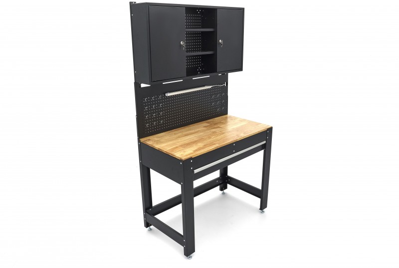 HBM werkbank 115 cm met lade, 2 hangkasten en achterwand, staal/hout, 250 kg, zwart
