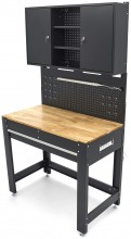 HBM werkbank 115 cm met lade, 2 hangkasten en achterwand, staal/hout, 250 kg, zwart