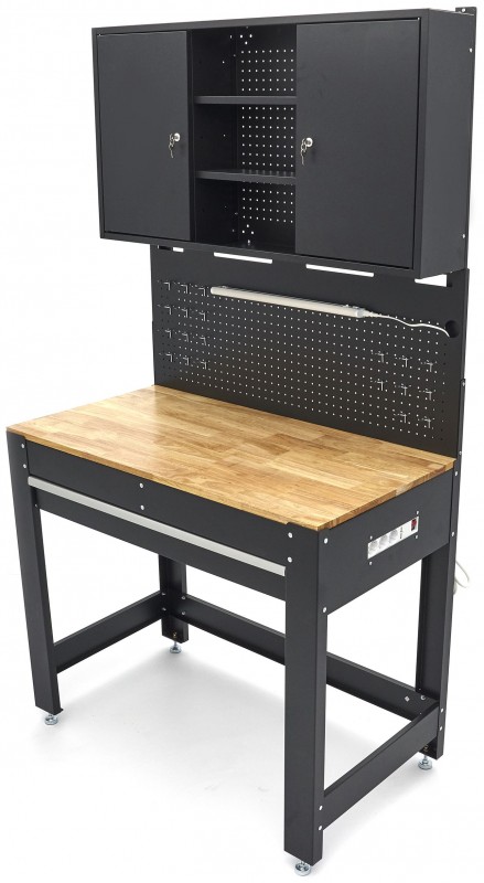 HBM werkbank 115 cm met lade, 2 hangkasten en achterwand, staal/hout, 250 kg, zwart