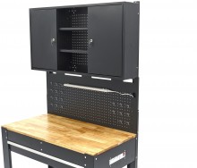 HBM werkbank 115 cm met lade, 2 hangkasten en achterwand, staal/hout, 250 kg, zwart