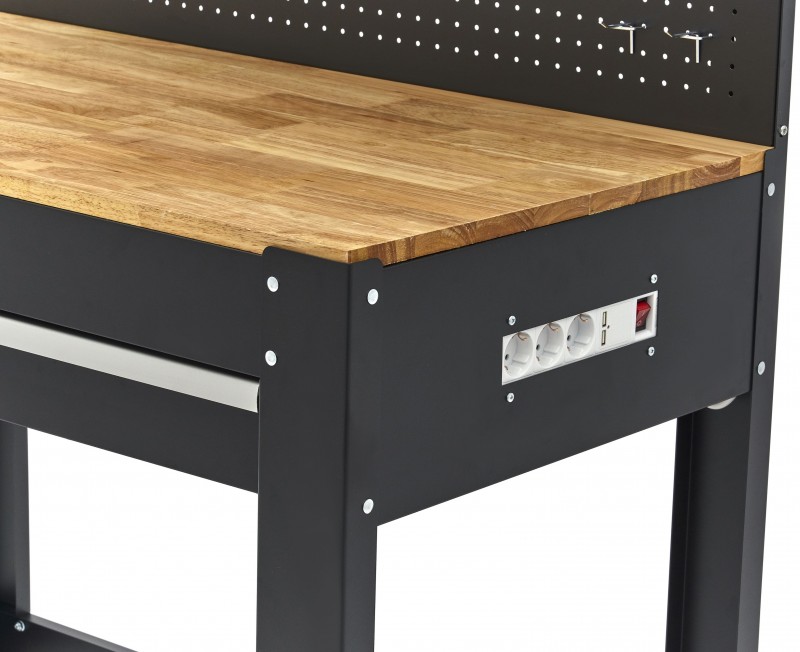 HBM werkbank 115 cm met lade, 2 hangkasten en achterwand, staal/hout, 250 kg, zwart