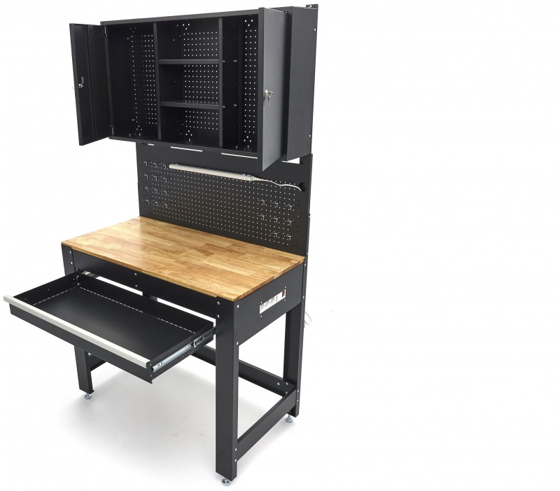 HBM werkbank 115 cm met lade, 2 hangkasten en achterwand, staal/hout, 250 kg, zwart