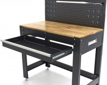 HBM werkbank 115 cm met lade, 2 hangkasten en achterwand, staal/hout, 250 kg, zwart