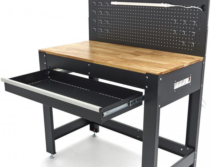 HBM werkbank 115 cm met lade, 2 hangkasten en achterwand, staal/hout, 250 kg, zwart