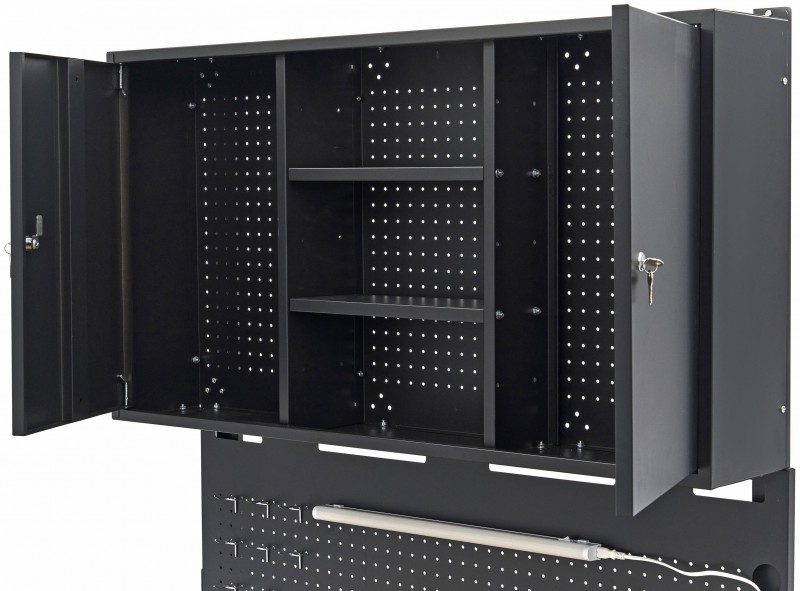 HBM werkbank 115 cm met lade, 2 hangkasten en achterwand, staal/hout, 250 kg, zwart