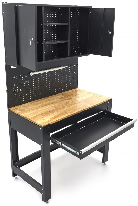 HBM werkbank 115 cm met lade, 2 hangkasten en achterwand, staal/hout, 250 kg, zwart