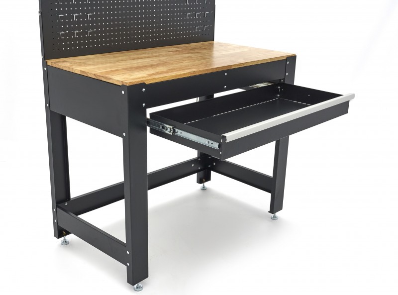 HBM werkbank 115 cm met lade, 2 hangkasten en achterwand, staal/hout, 250 kg, zwart