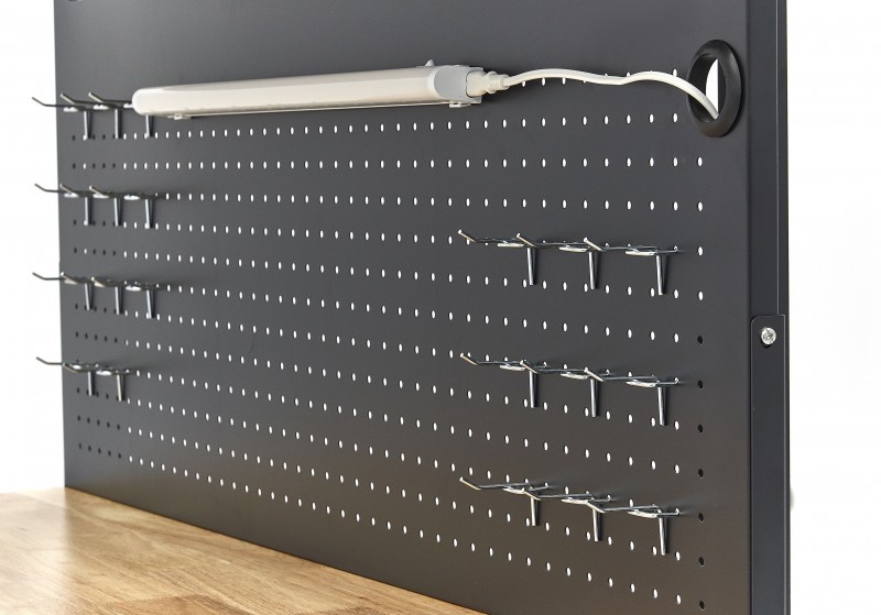 HBM werkbank 115 cm met lade, 2 hangkasten en achterwand, staal/hout, 250 kg, zwart