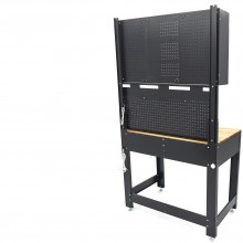 HBM werkbank 115 cm met lade, 2 hangkasten en achterwand, staal/hout, 250 kg, zwart