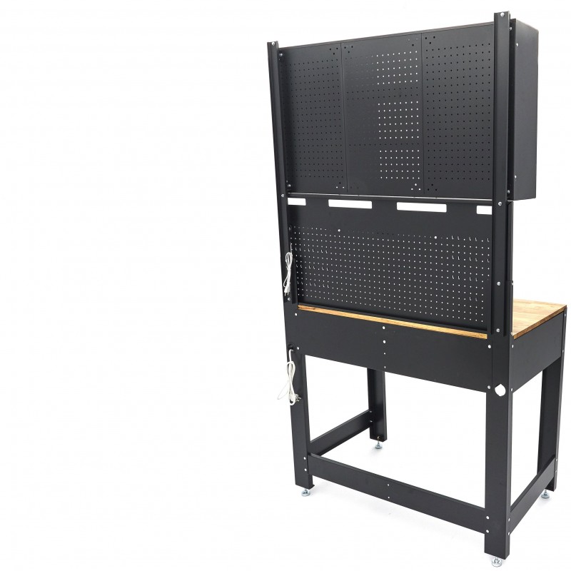 HBM werkbank 115 cm met lade, 2 hangkasten en achterwand, staal/hout, 250 kg, zwart