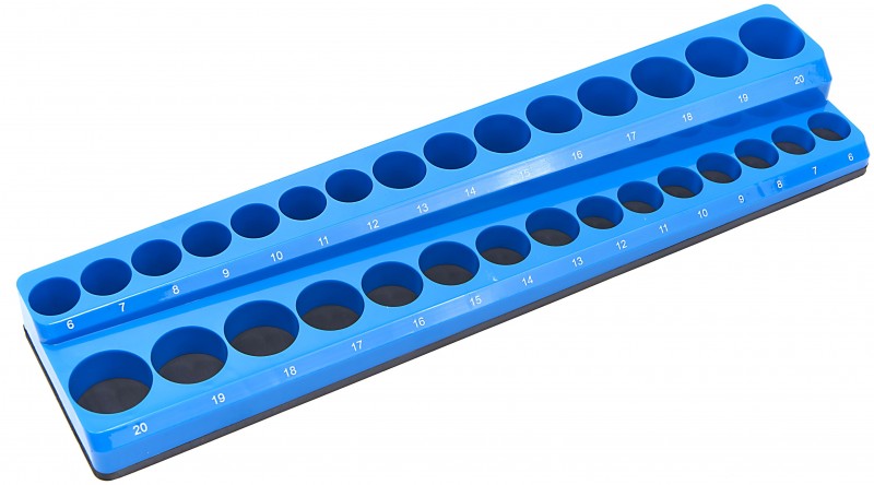 HBM magnetisk tilbehørsholder til 30 styk 3/8 inch metrisk - blå, 377 x 87 x 38 mm.