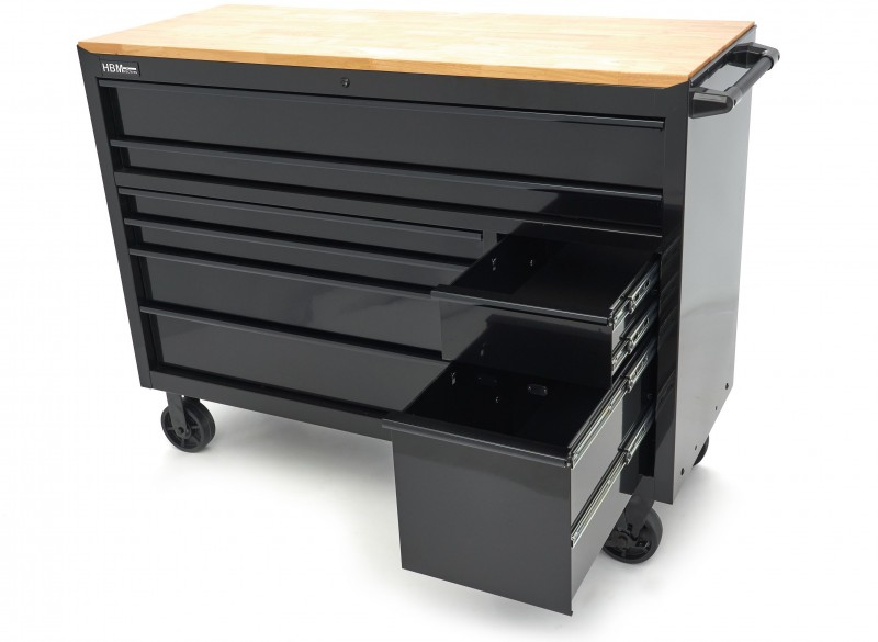 HBM gereedschapswagen verrijdbaar, 8 laden, 143,8 cm, staal, hout, zwart