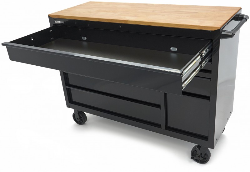 HBM gereedschapswagen verrijdbaar, 8 laden, 143,8 cm, staal, hout, zwart