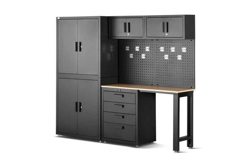 HBM premium werkplaatssysteem 8-delig mat zwart 227,6 x 45,8 x 193,91 cm staal hout 10 mm gaten
