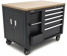 HBM rullende værktøjsvogn arbejdsbænk 114 cm med træbordplade, sort, 250 kg belastning.