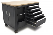 HBM rullende værktøjsvogn arbejdsbænk 114 cm med træbordplade, sort, 250 kg belastning.