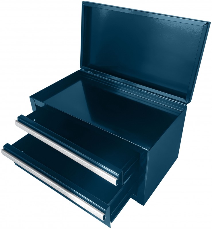 HBM mini skuffekasse blå aluminium 2 skuffer 275 x 150 x 150 mm fyldt
