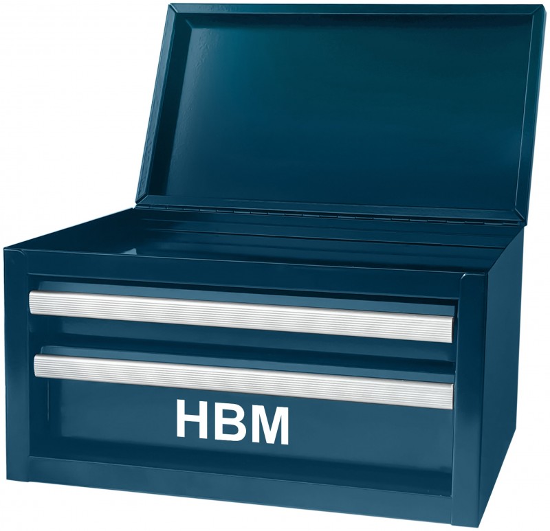 HBM mini skuffekasse blå aluminium 2 skuffer 275 x 150 x 150 mm fyldt